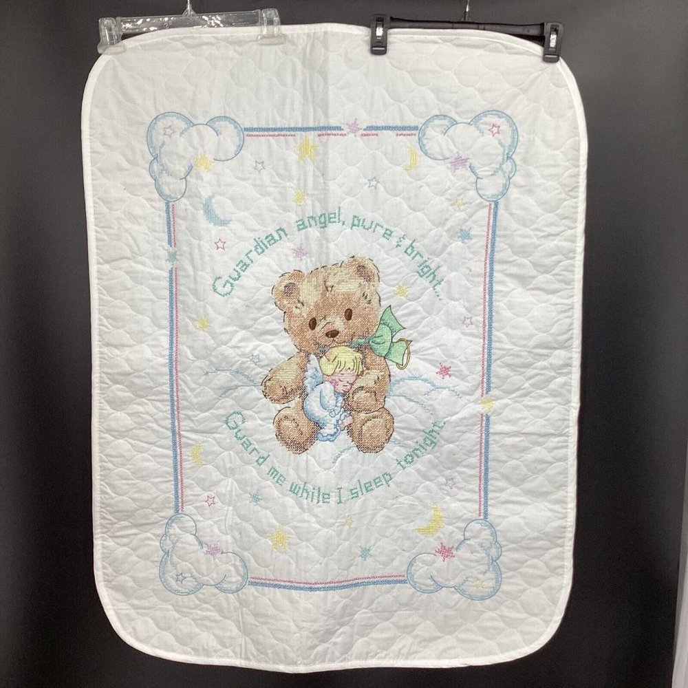 Cross Stitched Baby Blanket Guardian Angle Baby Angel Unisex baby 42" x 33"